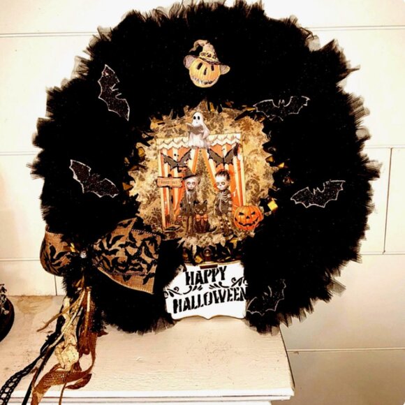 Gothic Vibes , Upcycled Black Tulle Halloween Wreath - Picture 3 of 5